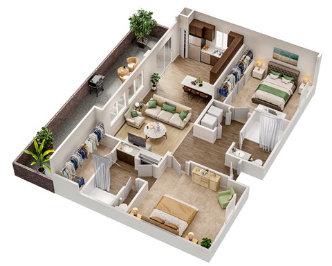 Floor plan for 2 beds, 2 baths, 965 sqft